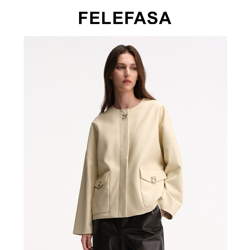 FELEFASA斐梵萨女装 Bonaudo鹿皮圆领夹克皮衣外套