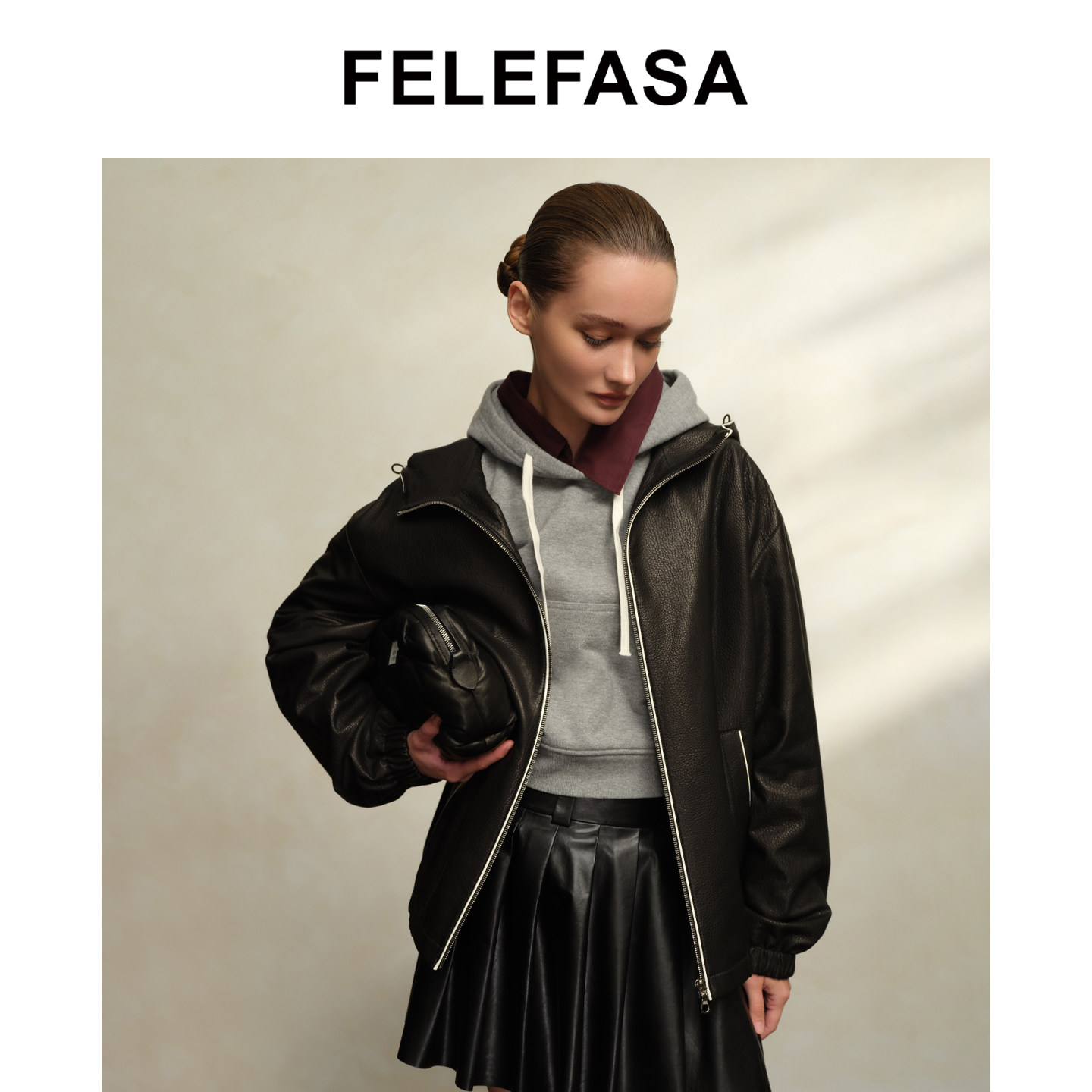 FELEFASA斐梵萨秋女装 Bonaudo羊皮连帽夹克皮衣外套