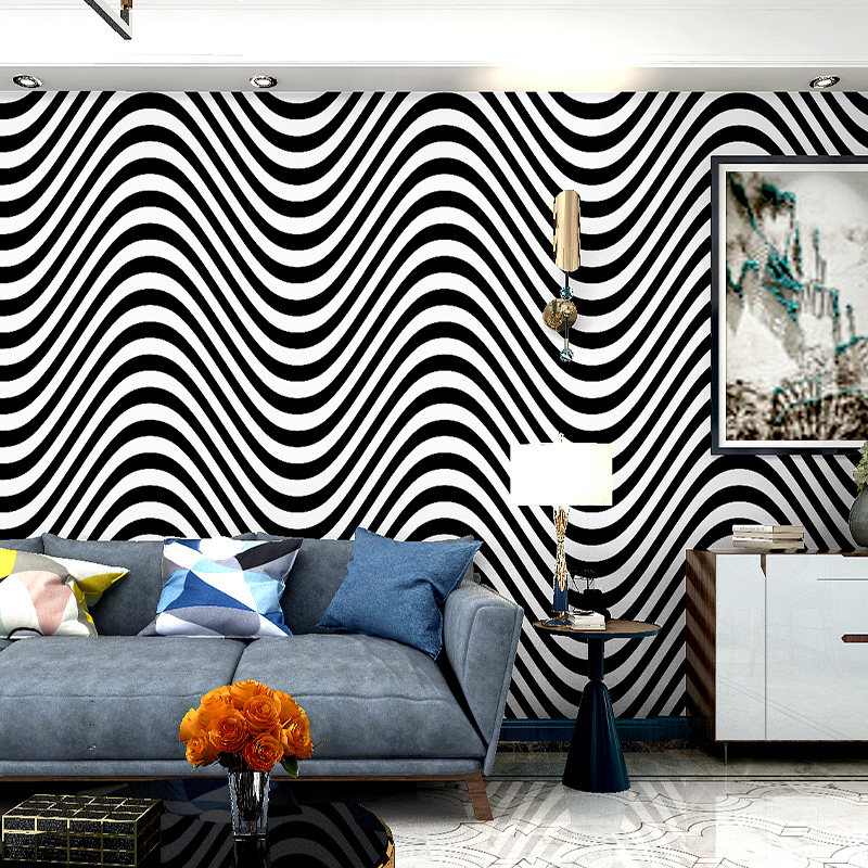 3d黑白格条纹墙纸轻奢几何格子壁画卧室背景墙布波浪空间延伸壁纸