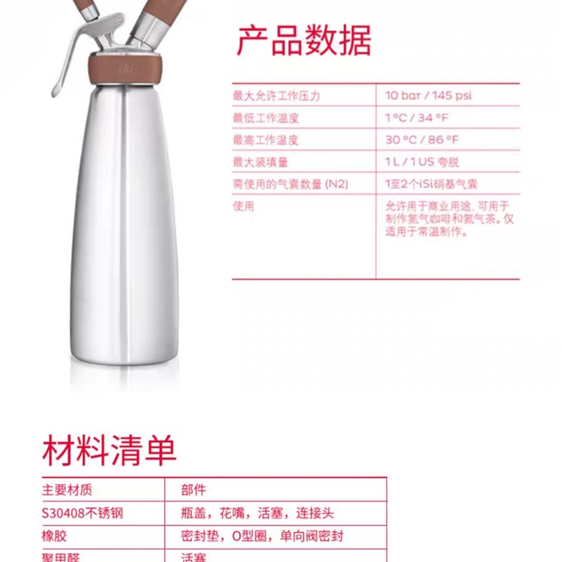 奥地利进口 ISI不锈钢发泡器 虹吸瓶 氮气咖啡瓶 茶饮发泡器