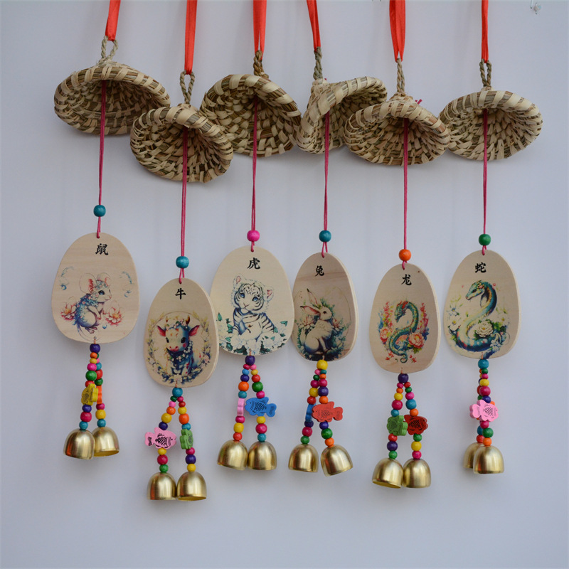 手工民族风12生肖图草帽许愿牌风铃酒吧客栈挂饰挂件风铃可定双铃