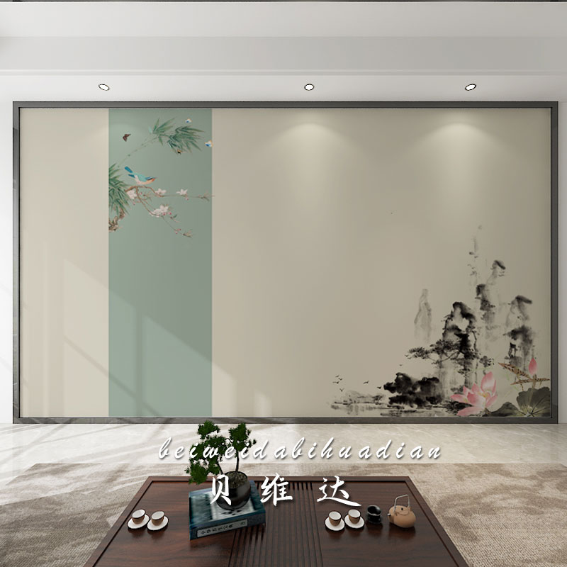 现代中式淡雅山水花鸟沙发电视背景墙纸壁布水墨荷花客厅茶室壁画