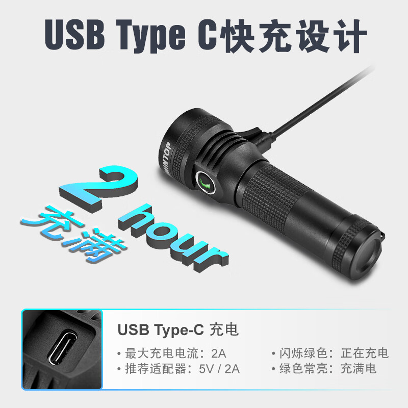 雷明兔 D2强光手电筒1000流明 防水户外应急照明磁吸检修灯