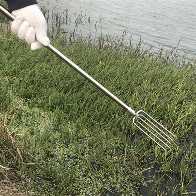 小5齿排叉圆尖鱼叉扁平小鱼叉 不锈钢伸缩捞网杆带倒刺一字叉渔具