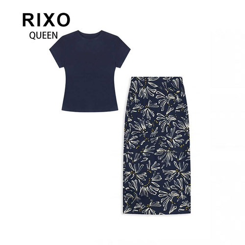 RIXO QUEEN夏季减龄显瘦短袖正肩T恤上衣碎花半身裙小香风两件套
