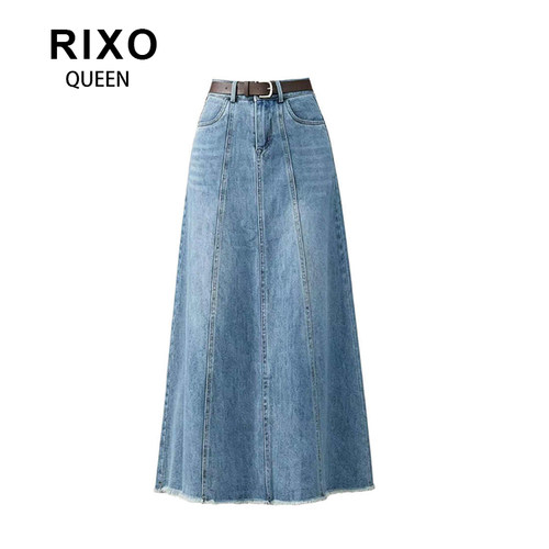 RIXO QUEEN蓝色毛边牛仔半身裙女春秋高腰a字垂感大摆伞裙长裙子