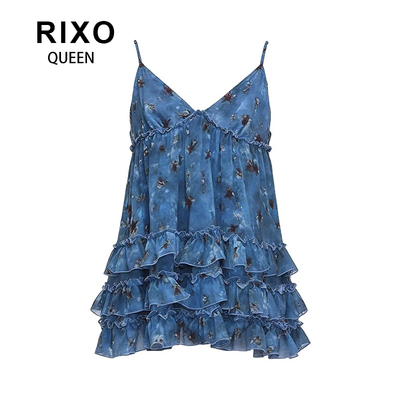 RIXO QUEEN碎花挂脖吊带背心女夏新款2026荷叶边显瘦气质蓝色上衣