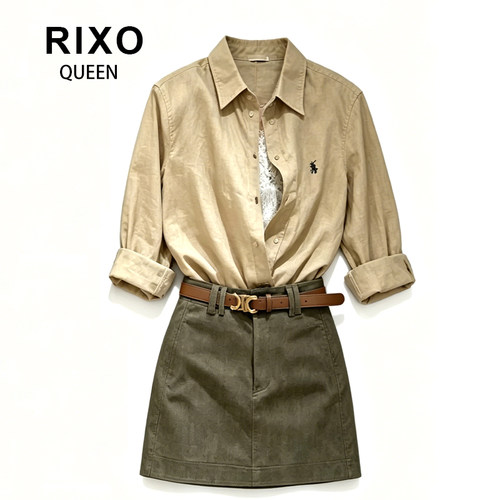 RIXO QUEEN超火一整套老钱风高级感卡其色亚麻衬衫半身裙套装夏