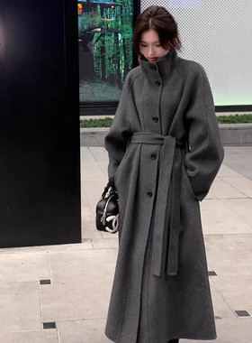 深灰色双面羊绒大衣女2026秋冬新款韩版立领系带长款羊毛呢子外套