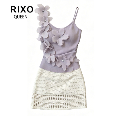 RIXO QUEEN立体花朵点缀背心优雅上衣女防走光包臀镂空针织裙裤