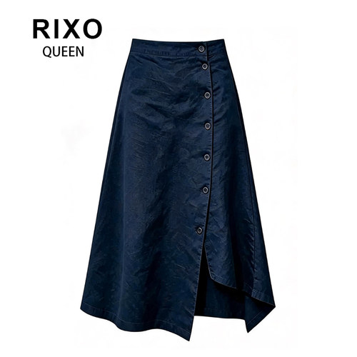 RIXO QUEEN复古藏青高腰开叉纽扣半身裙2026显瘦不规则A字中长裙