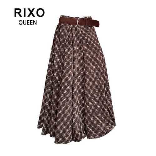 RIXO QUEEN美拉德复古格子高腰半身裙秋宽松设计感显瘦垂感中长裙