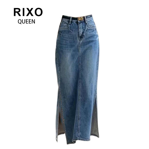RIXO QUEEN蓝色水洗牛仔半身裙女春秋新复古显瘦高腰开叉旗袍长裙