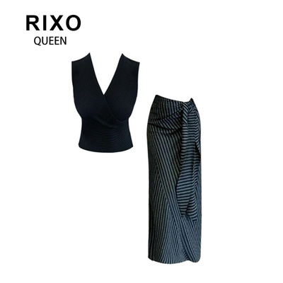 RIXO QUEEN时尚显瘦修身夏季辣妹设计感通勤针织上衣格纹半裙套装