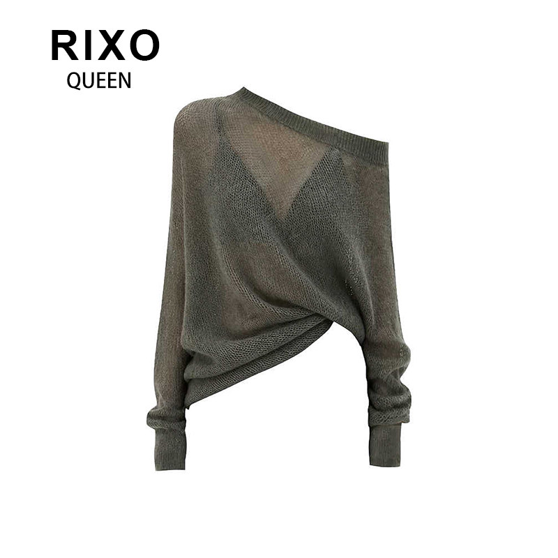 RIXO QUEEN韩系辣妹风斜肩微透针织衫女秋季慵懒小众气质百搭罩衫