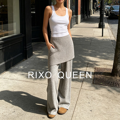 RIXO QUEEN灰色假两件屁帘宽松阔腿裤女2026春夏季新款高腰长裤子