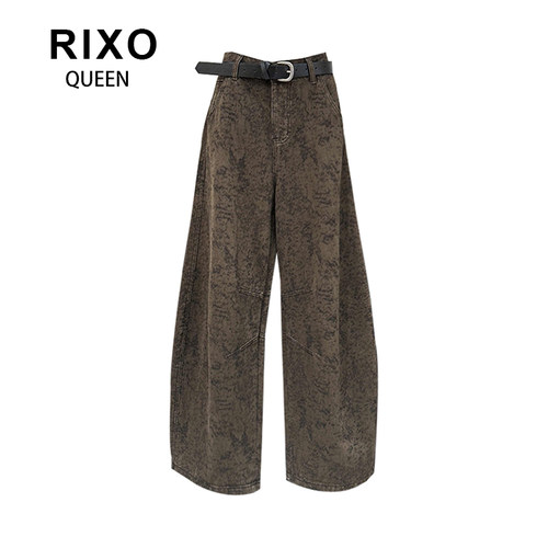 RIXO QUEEN复古提花弯刀牛仔裤女春季新款宽松直筒阔腿裤镰刀裤子