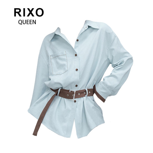 RIXO QUEEN撞色袖口腰带衬衫女春氛围感穿搭气质显瘦翻领长袖上衣