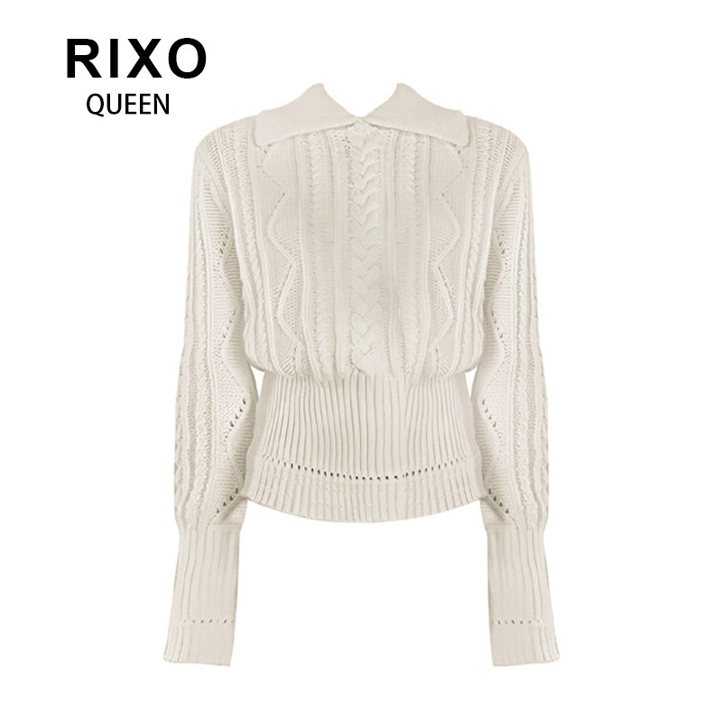 RIXO QUEEN麻花纹翻领毛衣女2025早秋季新款百搭修身针织衫上衣