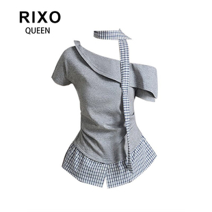 RIXO QUEEN韩系设计感斜领收腰短袖上衣女夏修身格子拼接别致小衫