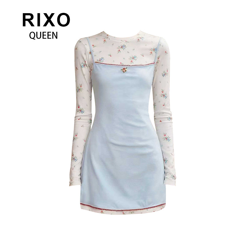 RIXO QUEEN花朵印花连衣裙两件套女长袖吊带裙清新可爱高级感短裙图片