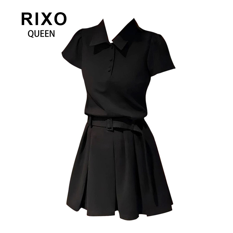 RIXO QUEEN学院风polo领百褶短裙辣妹短袖设计感小个子连衣裙