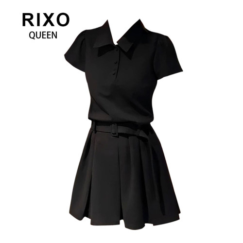 RIXO QUEEN学院风polo领百褶短裙辣妹短袖设计感小个子连衣裙