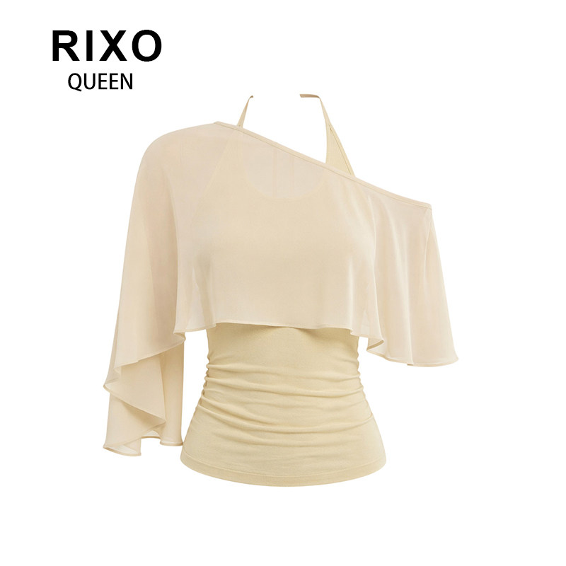 RIXO QUEEN优雅风半透斜肩斗篷披肩拼挂脖针织背心两件套女夏上衣图片