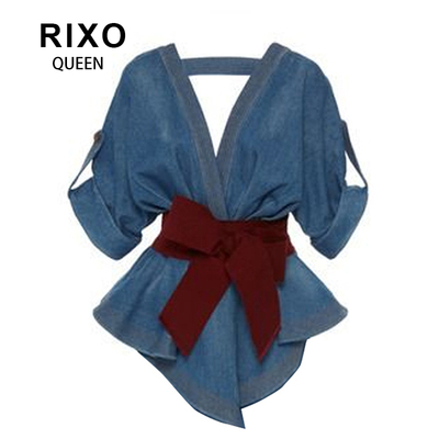 RIXO QUEEN通勤百搭牛仔衬衫女2026年夏季法式气质V领收腰上衣