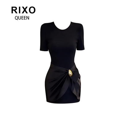 RIXO QUEEN黑色收腰连衣裙女韩系优雅风短袖修身显瘦包臀裙通勤