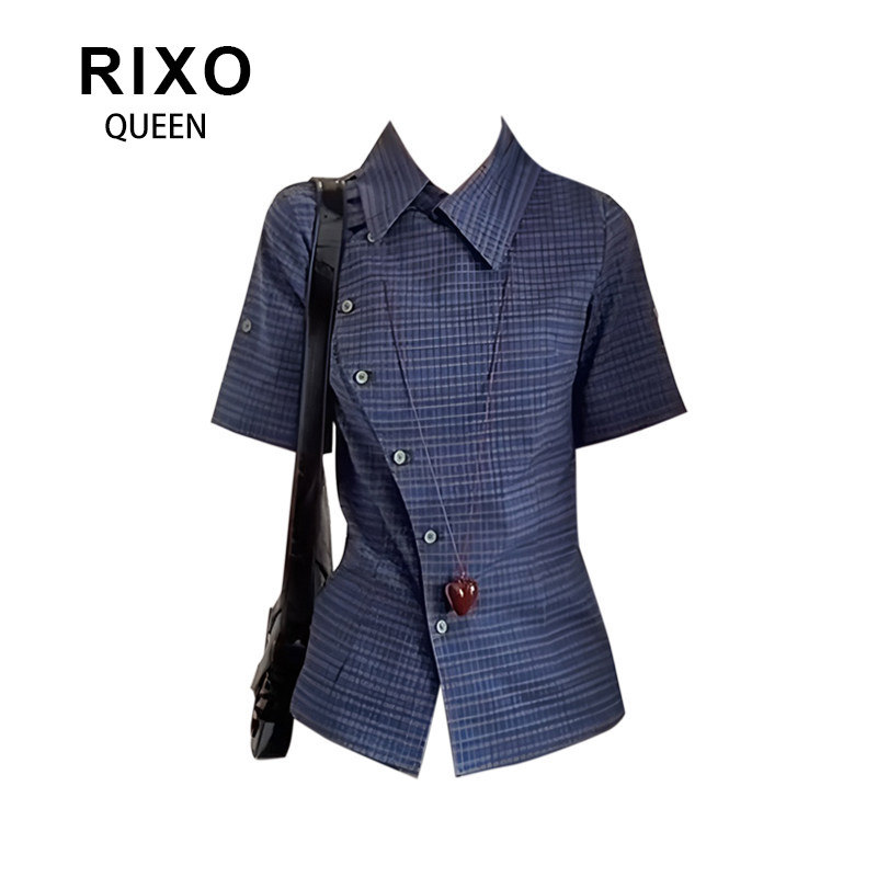 RIXO QUEEN美式复古蓝色Polo领格子短袖衬衫女斜排扣掐腰显瘦上衣