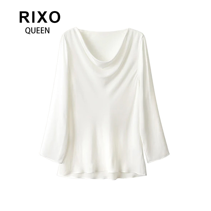 RIXO QUEEN微胖mm小众高级设计感荡领长袖T恤夏休闲宽松显瘦上衣图片