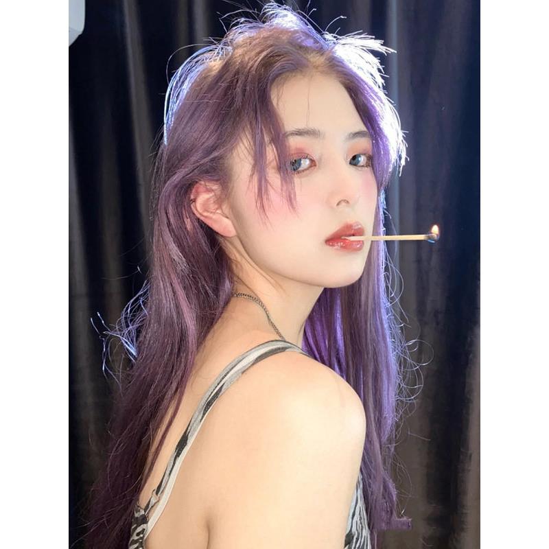 新款直销中分假发女长发长直发网红紫色修脸八字无刘海韩式头套式