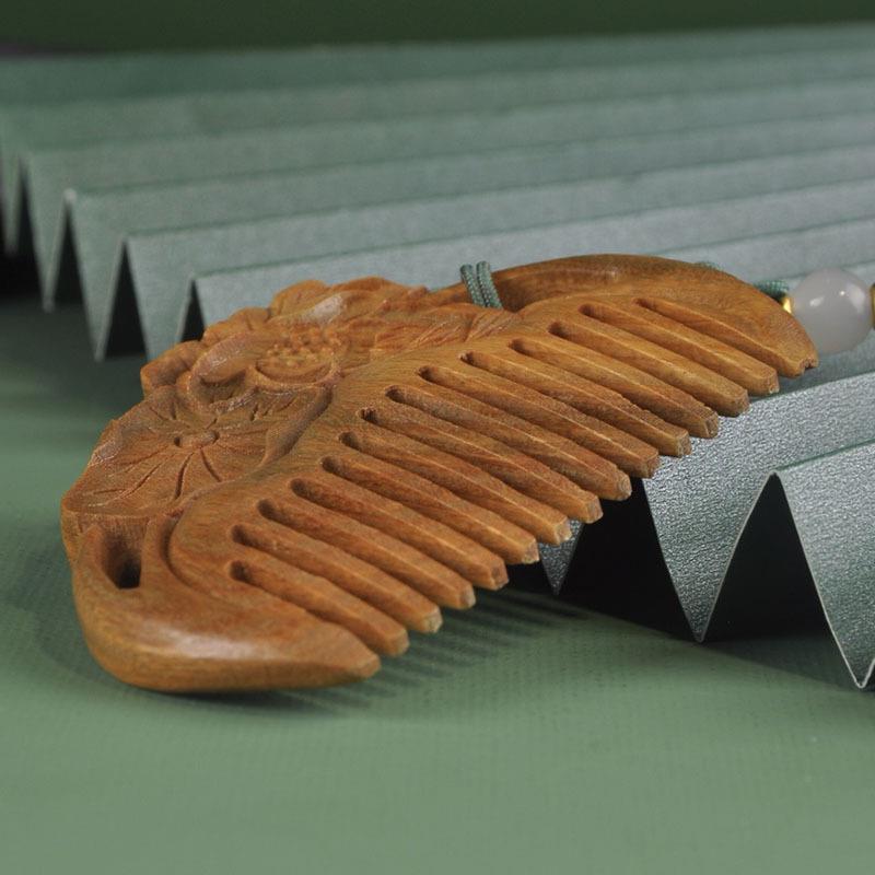 直销新款绿檀木梳子复古风雕刻荷花迷你便携发梳节日礼物支持刻字