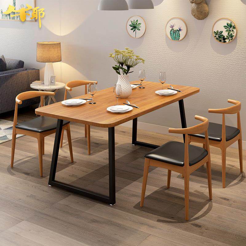 新款直销北欧铁艺实木餐桌椅组合饭店火锅店长方形桌椅复古餐厅小