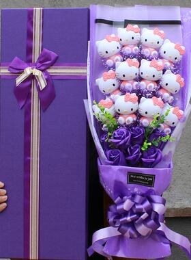 直销新款12kat猫加香皂花礼盒搪胶手办花束精美卡通花束七夕情人