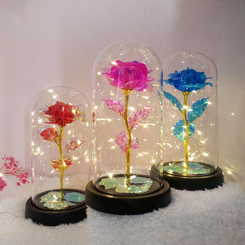 直销新款情人节创意生日礼品跨境货源 金箔玫瑰花LED小夜灯玻璃罩