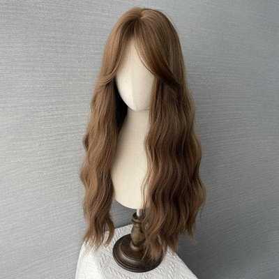 直销新款跨境假发女长发中分八字刘海水波纹长卷发暖茶棕仿真发自