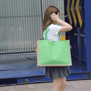 新款直销彩色黄麻手提袋旅行时尚大容量黄麻布手提买菜包女生肩背