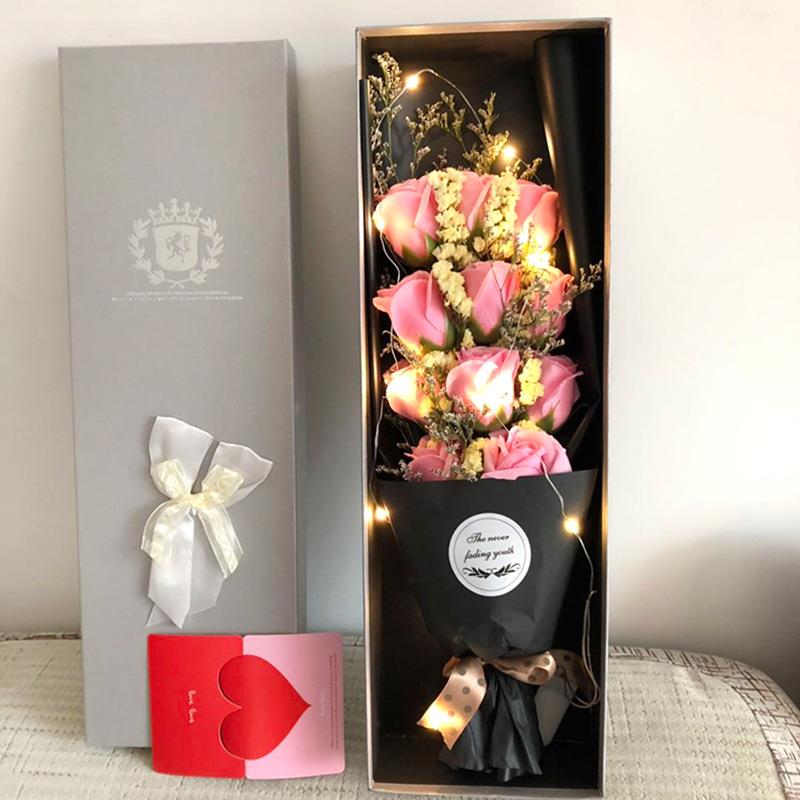 新款直销长方形包装盒天地盖蝴蝶结花束 仿真香皂花肥皂花束礼盒