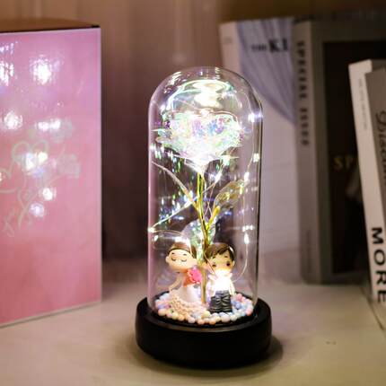 新款直销跨境情人节礼物带音乐玫瑰花玻璃罩彩金花永生led灯圣诞