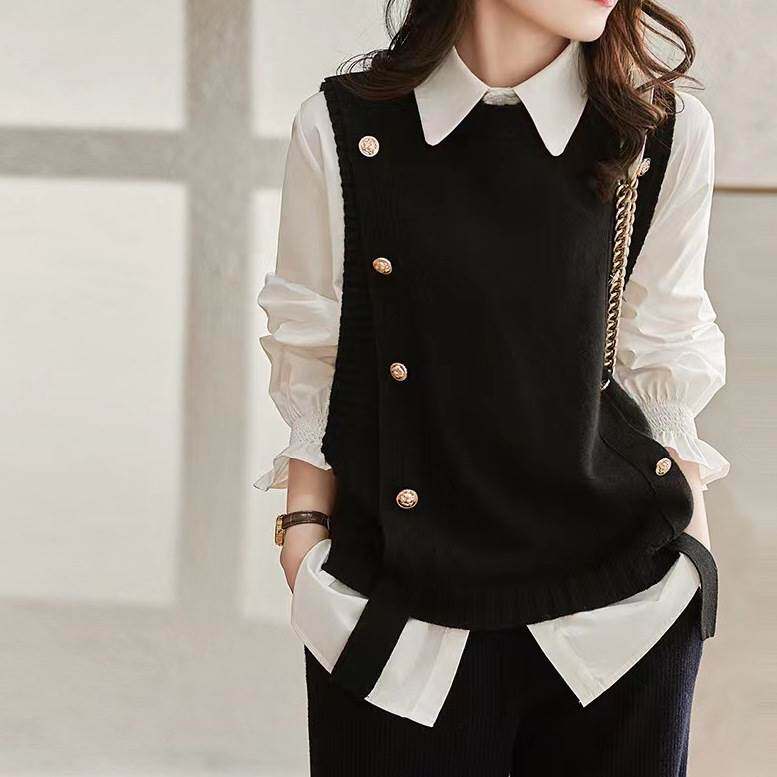 여성을위한 셔츠와 조끼 투피스 세트 2024 봄과 가을 새로운 스타일 흑백 기질 연령 감소 니트 탑 패션 셔츠 정장