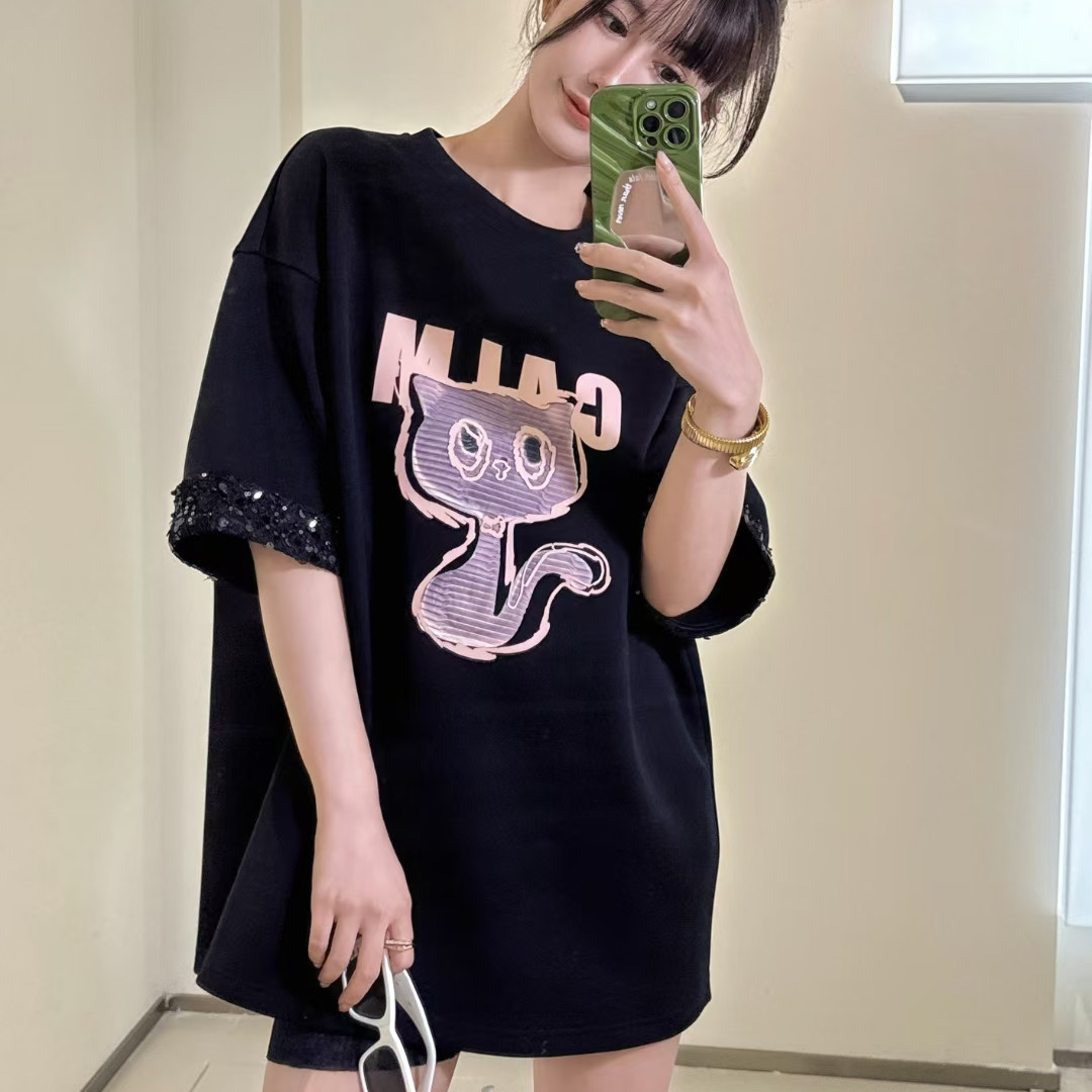 深圳欧货2025新款卡通猫咪印花T恤女短袖宽松洋气亮片拼接上衣