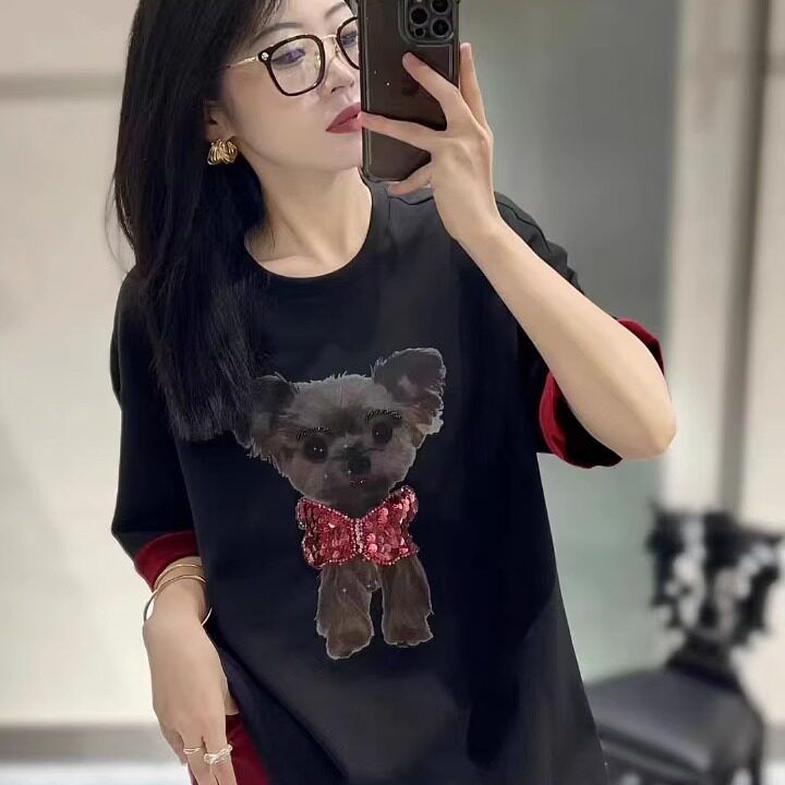 短袖休闲烫钻大版T恤女