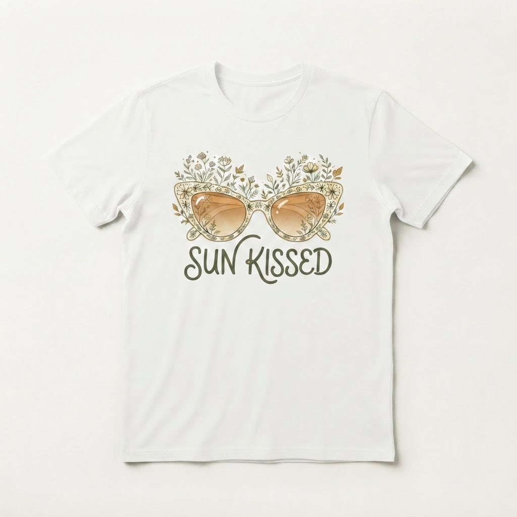 太阳之吻 猫眼眼镜 原创设计插画印花短袖白色T恤百搭纯棉上衣夏