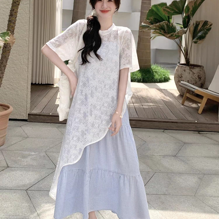 小清新蕾丝罩衫格子吊带连衣裙套装女2026夏季新款韩系甜美两件套