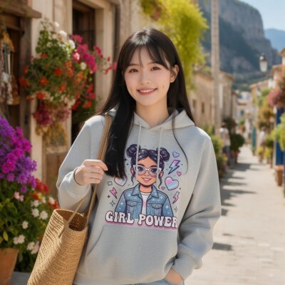 可爱女孩卫衣女 宽松设计感上衣 休闲圆领套头春秋款500g重磅纯棉