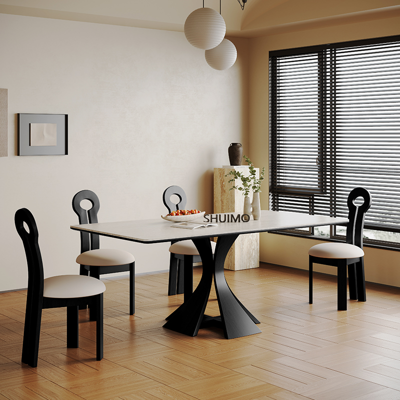 法式奶油复古风实木德利丰岩板家用黑色圆形饭桌胡桃色窈窕桌椅子