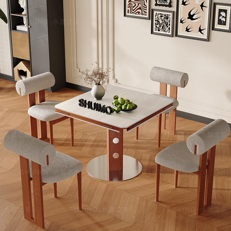 德利丰洞石岩板伸缩餐桌家用小户型实木包豪斯折叠桌方圆两用饭桌