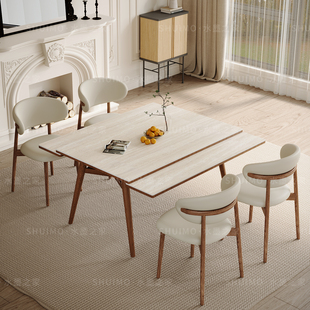 可伸缩德利丰岩板餐桌实木变宽小户型长方形白蜡木中古风折叠桌子